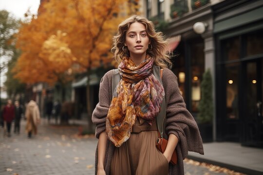 a woman walking down the street wearing a flowing golden scarf