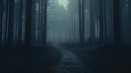 Naklejka premium Dark Misty Forest Backdrop Enchanted Woods Gloomy Foggy Grove Mystery Halloween Background Nightmare