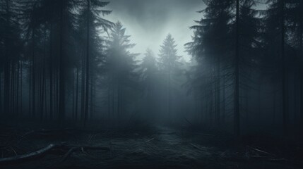 Dark Misty Forest Backdrop Enchanted Woods Gloomy Foggy Grove Mystery Halloween Background Nightmare - obrazy, fototapety, plakaty