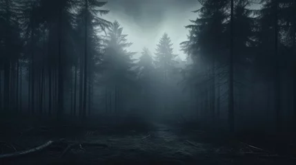 Rolgordijnen Dark Misty Forest Backdrop Enchanted Woods Gloomy Foggy Grove Mystery Halloween Background Nightmare © ArtStockVault