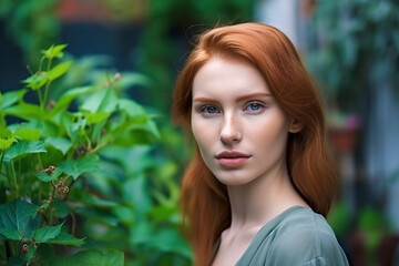 Naklejka premium Botanical Beauty: A Redheaded Vision with Blue Eyes Captivates Amidst Nature's Splendor in the Garden, ai generative
