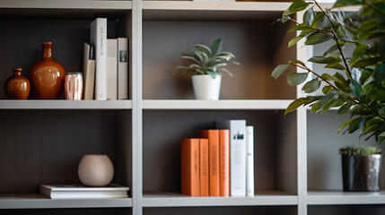 A well-organized bookshelf in a home office space, remote worker home, blurred background