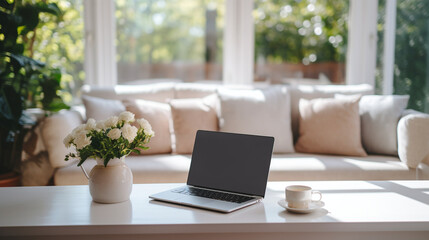 A dedicated remote work area in a stylish living room, remote worker home, working from home, blurred background