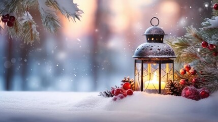 Christmas Lantern On Snow With Fir Branch in the Sunlight Winter Decoration Background  - obrazy, fototapety, plakaty