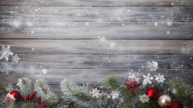 Christmas Fir Tree On Wooden Background With Snowflakes