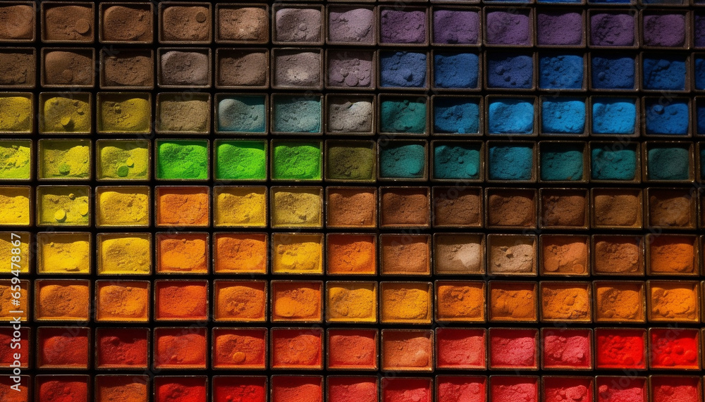 Poster a large collection of vibrant colored metal containers in a row generated by ai