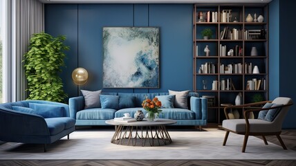 living room decorated with blue colors and natural lighting, interior concept