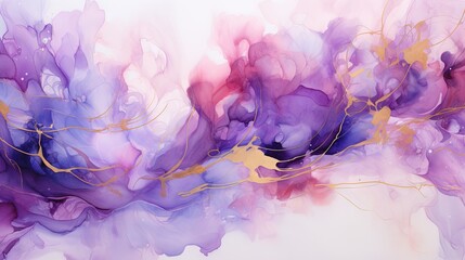 a painting of purple and gold leaves on a white background.  generative ai
