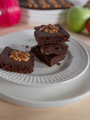 Fototapeta na wymiar Black bean brownies with walnuts. Healthy gluten free fitness snack