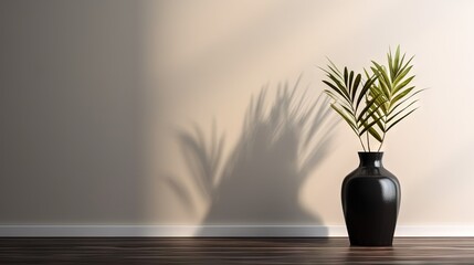  a black vase with a plant in it on a wooden floor.  generative ai
