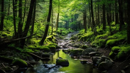 Peaceful forest oasis with clear stream surrounded by lush greenery wallpaper background landscape