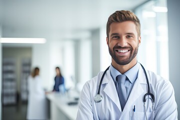 Ein junger, männlicher Arzt mit einem Lächeln, Stethoskop und weißem Arztkittel steht in einer...