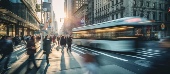 Foto op Plexiglas timelapse of daylight busy urban downtown city crowd people commuter transportation intersection street motion people and car taxi strret scene pedestrian city people lifestyle,ai generate © VERTEX SPACE