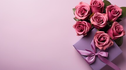  a bunch of pink roses in a purple box with a bow.  generative ai