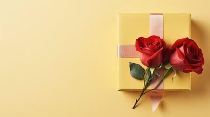 two red roses sitting on top of a yellow gift box.  generative ai