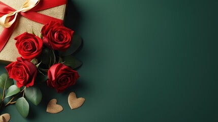  a gift box with a red ribbon and three red roses.  generative ai