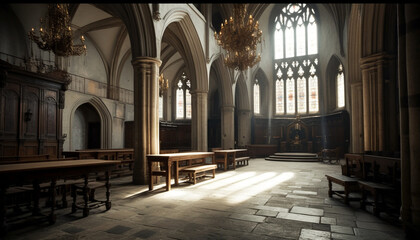 Obraz premium Medieval chapel with gothic architecture, stained glass, and wooden pews generated by AI