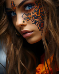 Portrait of a woman with creative makeup, street style macro photography shot tattoo