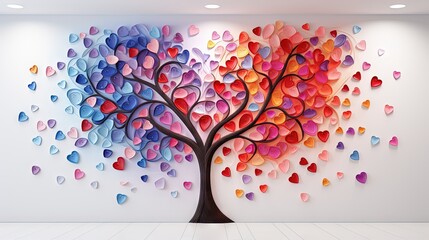  a colorful tree with hearts on it is in front of a white wall.  generative ai