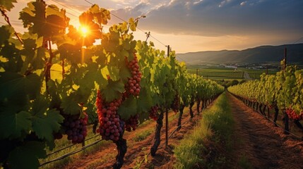 Vineyard with ripe grapes in countryside at sunset. Production of fine wines background