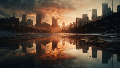 Cityscape skyscraper reflection architecture urban skyline sunset dusk city life generated by AI