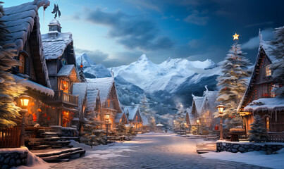 Yuletide Magic: Digital Painting of Santa's Village and Winter Landscape for a Merry Christmas Card background