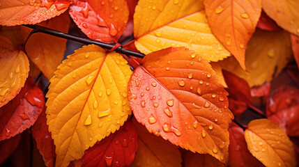 close up yellow and orange color autumn leaves, raindrop on the leaves