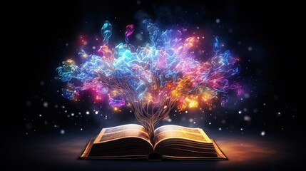  an open book with colorful lights coming out of the pages.  generative ai