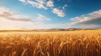 Wheat field ears golden wheat against a blue sky. wallpaper.