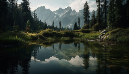 Tranquil scene of majestic mountain range reflected in tranquil pond generated by AI