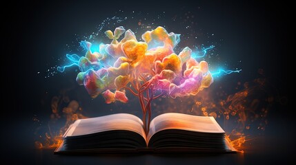  an open book with a colorful tree on top of it.  generative ai