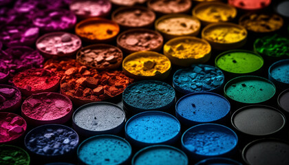 Obraz na płótnie Canvas Vibrant colors in a set of eyeshadow palette arrangement generated by AI