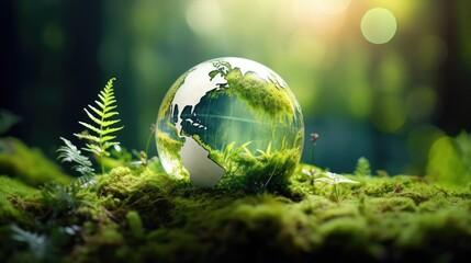Obraz na płótnie Canvas Globe On Moss In Forest - Environmental Concept