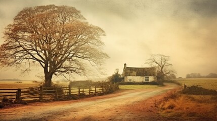 Naklejka premium Gloomy old scene with bare tree white cottage and scattered leaves