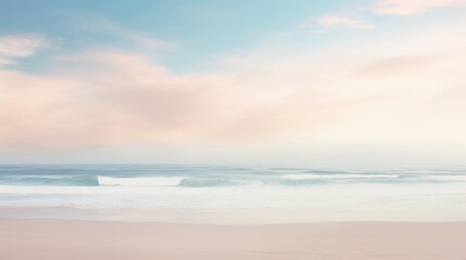 A beach with a pastel colored sky and the ocean in the background. - obrazy, fototapety, plakaty