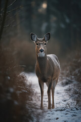 Female deer in winter woods