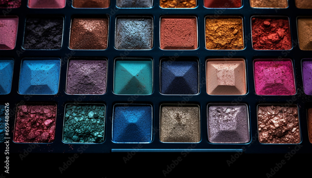 Poster vibrant colors of eyeshadow palette create glamorous make up variations generated by ai