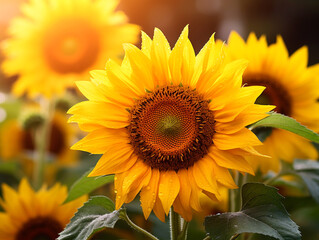 Sunflower in a garden landscape up close background