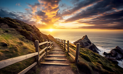 Wooden walking path wrapping around the landscape to the ocean at sunset.  