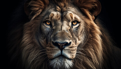 Majestic lion staring, close up portrait of Africa big cat generated by AI