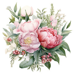 Watercolor drawing, bouquet, composition of peony flowers and eucalyptus leaves. wedding decoration