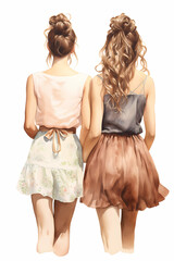 two girlfriend girls are standing next to each other, a view from the back. Best friends. Long hair. Watercolor illustration. the concept of female friendship