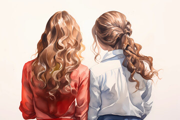 two girlfriend girls are standing next to each other, a view from the back. Best friends. Long hair. Watercolor illustration. the concept of female friendship