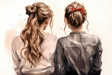 two girlfriend girls are standing next to each other, a view from the back. Best friends. Long hair. Watercolor illustration. the concept of female friendship - obrazy, fototapety, plakaty