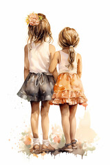 two girlfriend girls are standing next to each other, a view from the back. Best friends. Long hair. Watercolor illustration. the concept of female child friendship - obrazy, fototapety, plakaty