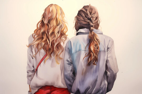 two girlfriend girls are standing next to each other, a view from the back. Best friends. Long hair. Watercolor illustration. the concept of female friendship