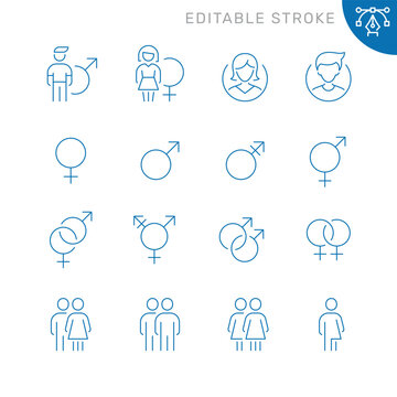 Vector line set of icons related with gender. Contains monochrome icons like man, sex, woman, male, female, person and more. Simple outline sign. Editable stroke.