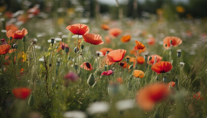 Vibrant wildflowers blossom in tranquil meadow under summer sunlight generated by AI