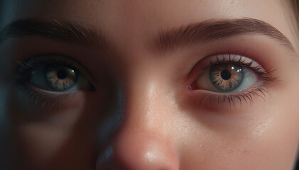 Naklejka premium Beautiful Caucasian woman smiling, staring at camera with cute eyes generated by AI