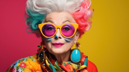 Beautiful fashionable senior woman with bright colorful makeup.